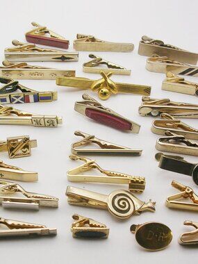 Vintage Tie Clips and Bars Lot of 27 gold tone Men Formal Wear Jewelry